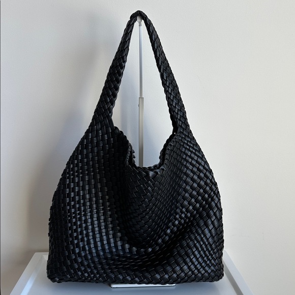 Woven Vegan Leather Black Hobo Tote Shoulder Bag - Picture 5 of 14